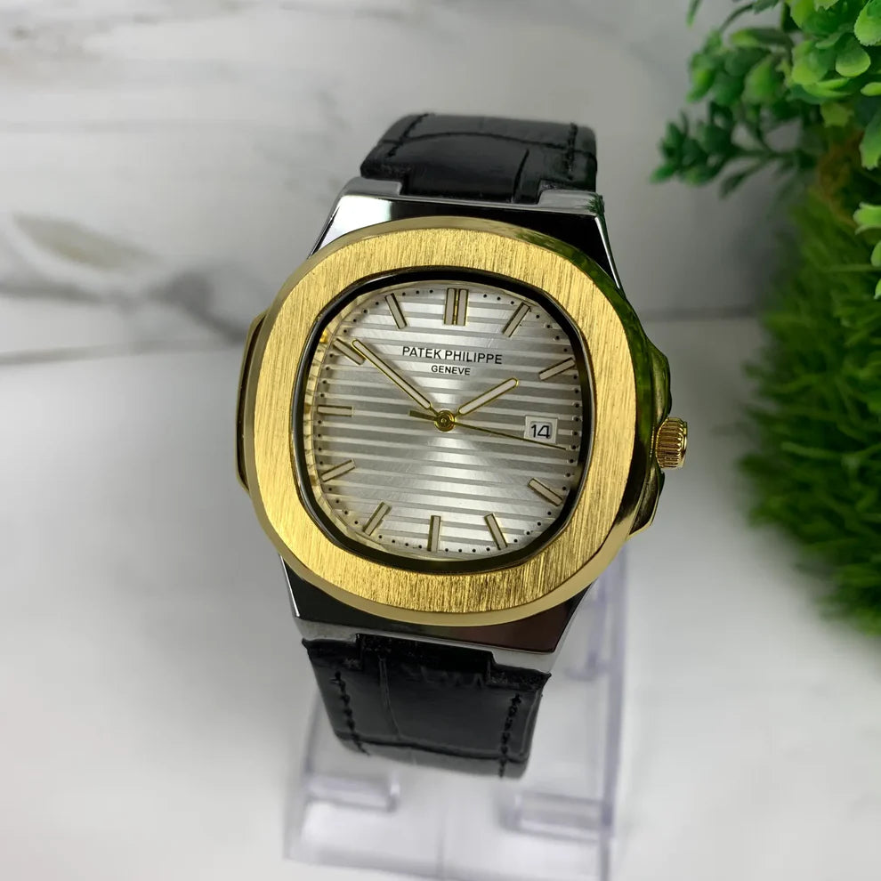 Patek Phillip Black Strap With Golden Dial