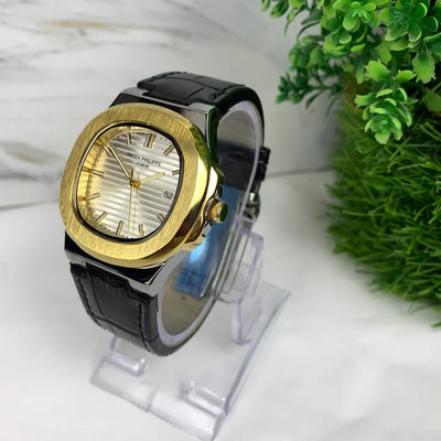 Patek Phillip Black Strap With Golden Dial