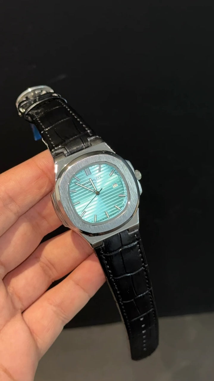 Patek Phillip Black Strap With Skyblue Dial